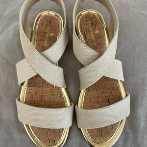 Bandolino, Kenly Low Wedge Sandals. Tan with gold accents.